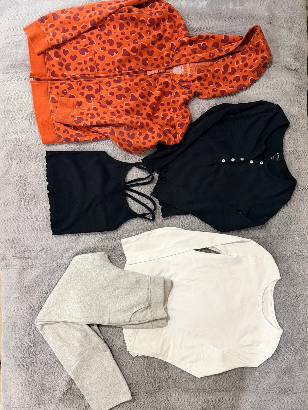 Girl’s 10/12 Bundle of Orange Leopard Zip-Up Hoodie Sweatpants plus 3 Tops